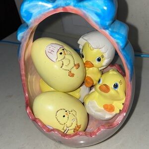 Ceramic Easter Basket with Chicks and Eggs